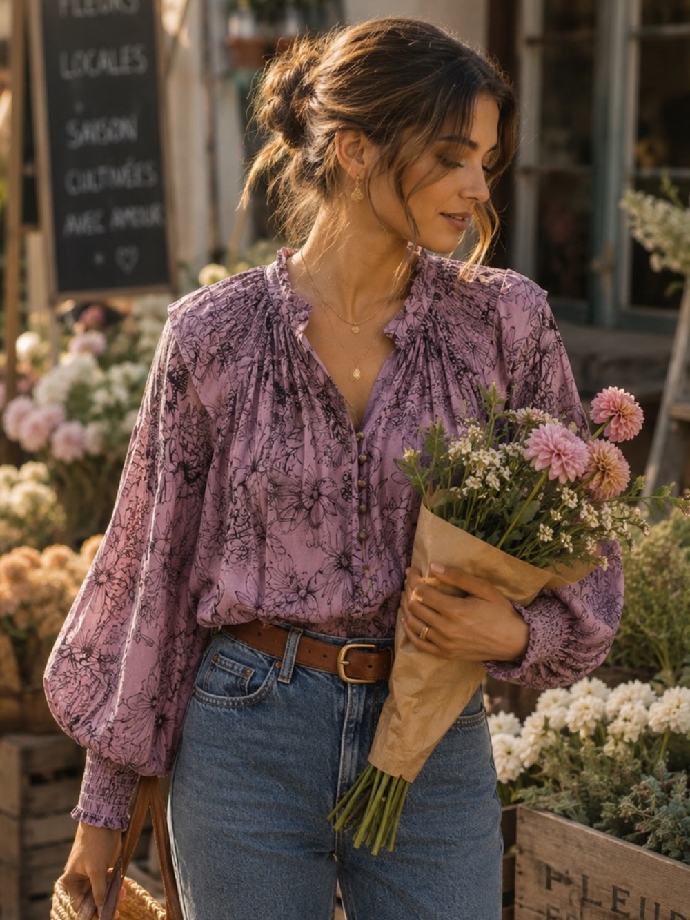 By Anthropologie Smocked Purple Sheer Women’s Boho Bishop Sleeve Blouse Sz M